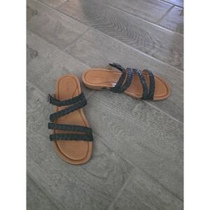 Aetrex Brielle Black Braided Leather Strap Slide Sandals - Women's Size‎ 7